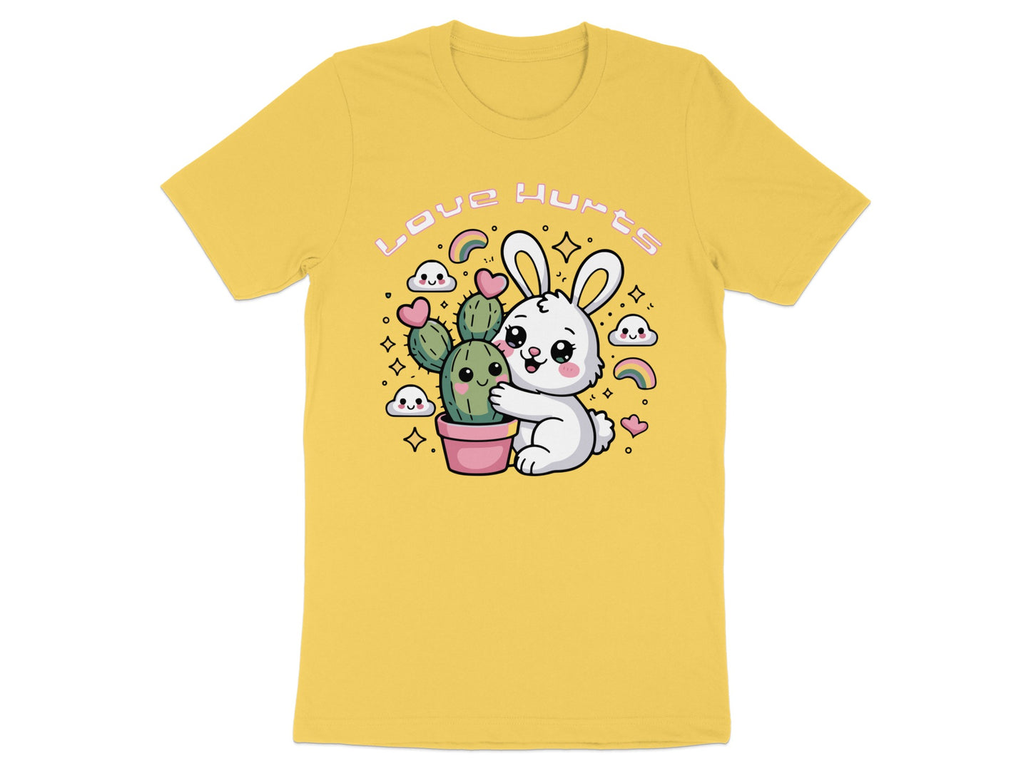 Cartoon bunny hugging a potted cactus with text "Love Hurts" and rainbow elements.