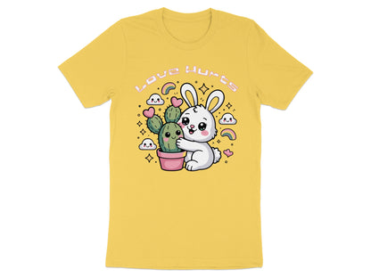 Cartoon bunny hugging a potted cactus with text "Love Hurts" and rainbow elements.
