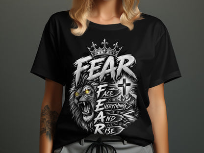 Black t-shirt with a roaring lion, crown, cross, and text "FACE EVERYTHING AND RISE."