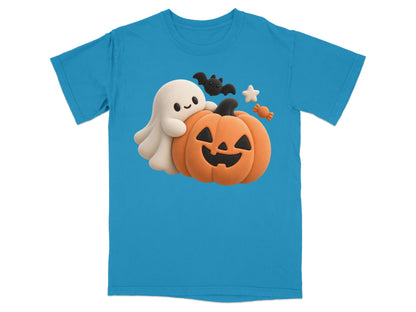 Blue t-shirt with a ghost hugging a jack-o'-lantern and Halloween decorations.