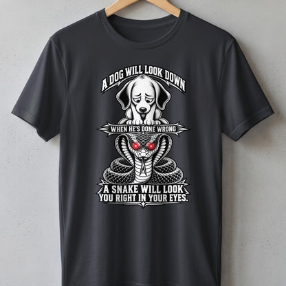Dark grey t-shirt with a graphic of a dog above a snake and text.