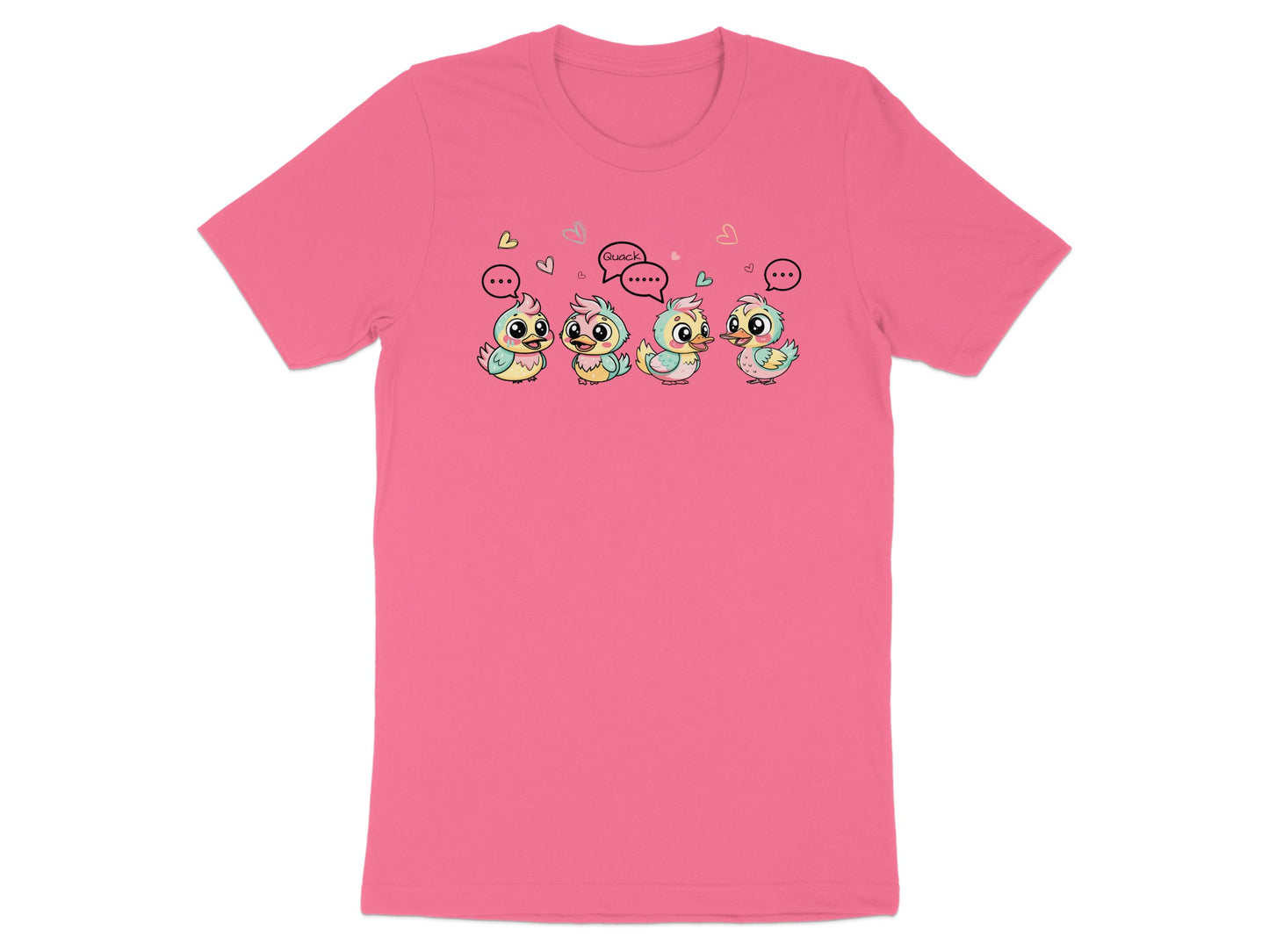 Four cartoon chicks with speech bubbles on a pink t-shirt.