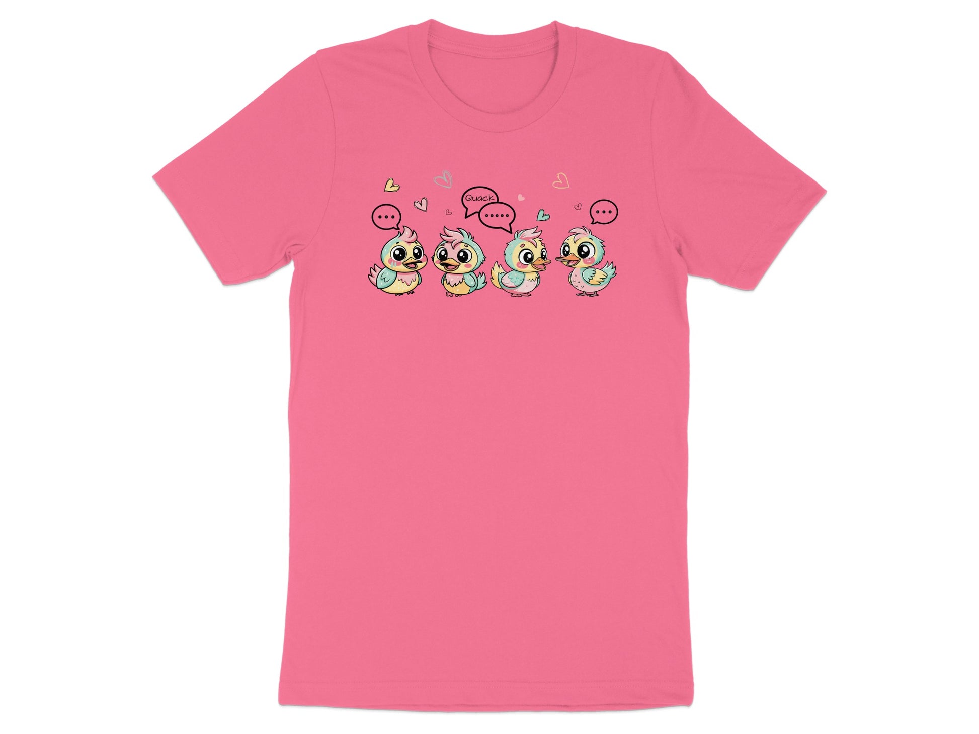 Four cartoon chicks with speech bubbles on a pink t-shirt.