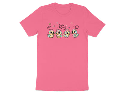 Four cartoon chicks with speech bubbles on a pink t-shirt.