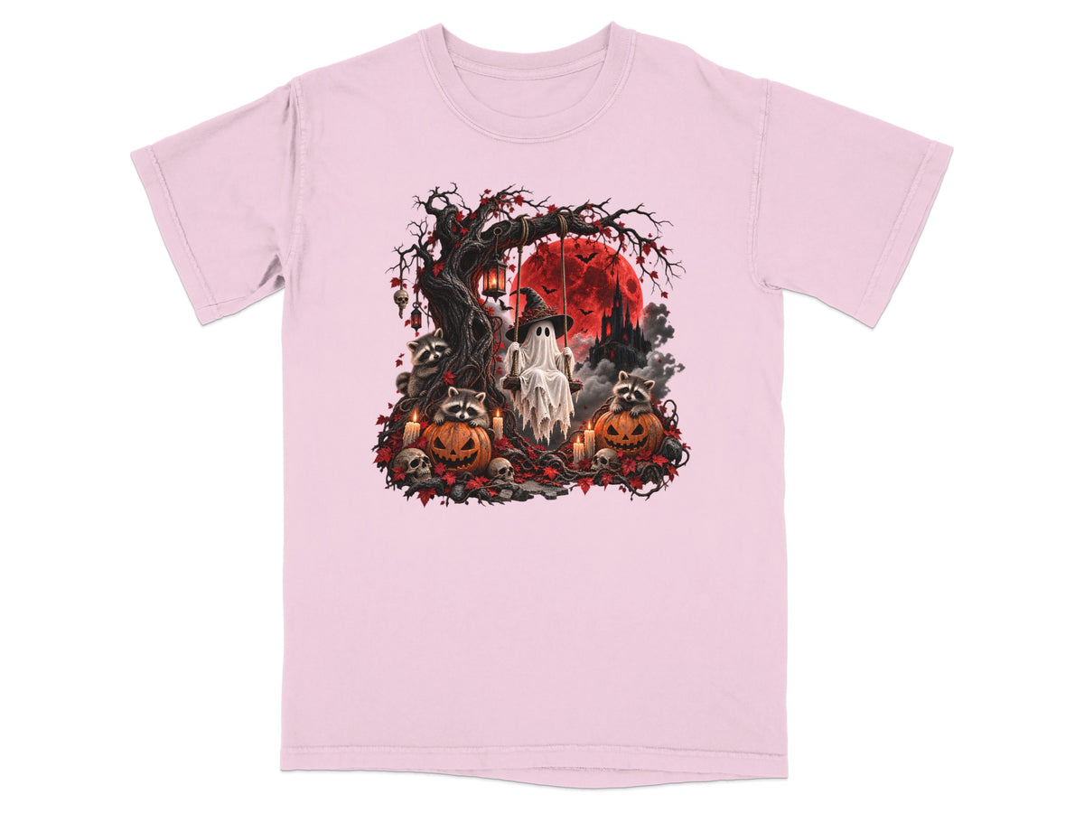 Ghost on swing with raccoons, pumpkins, and spooky tree under red moon.