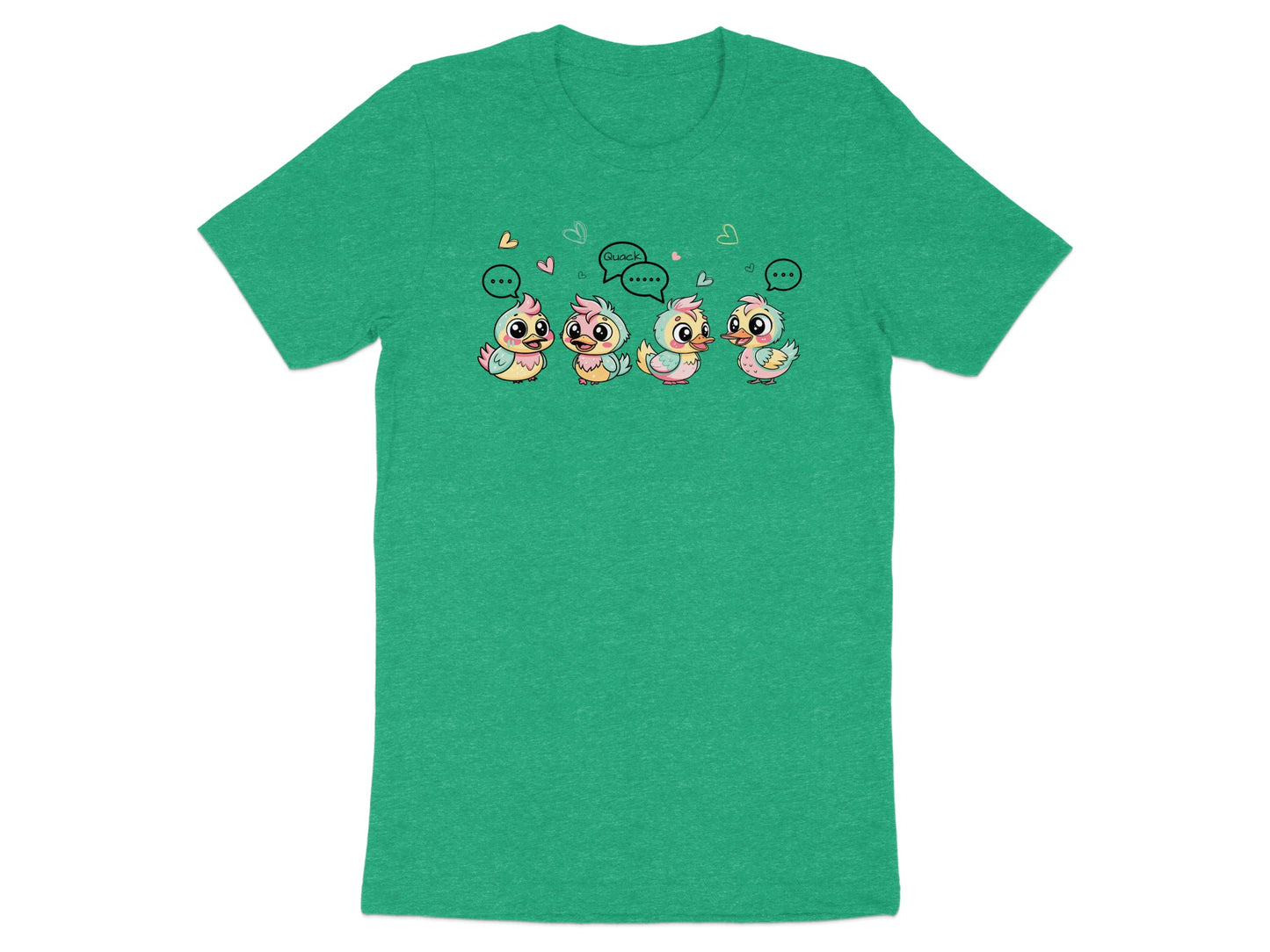Four cartoon chicks with speech bubbles, one saying "Quack".