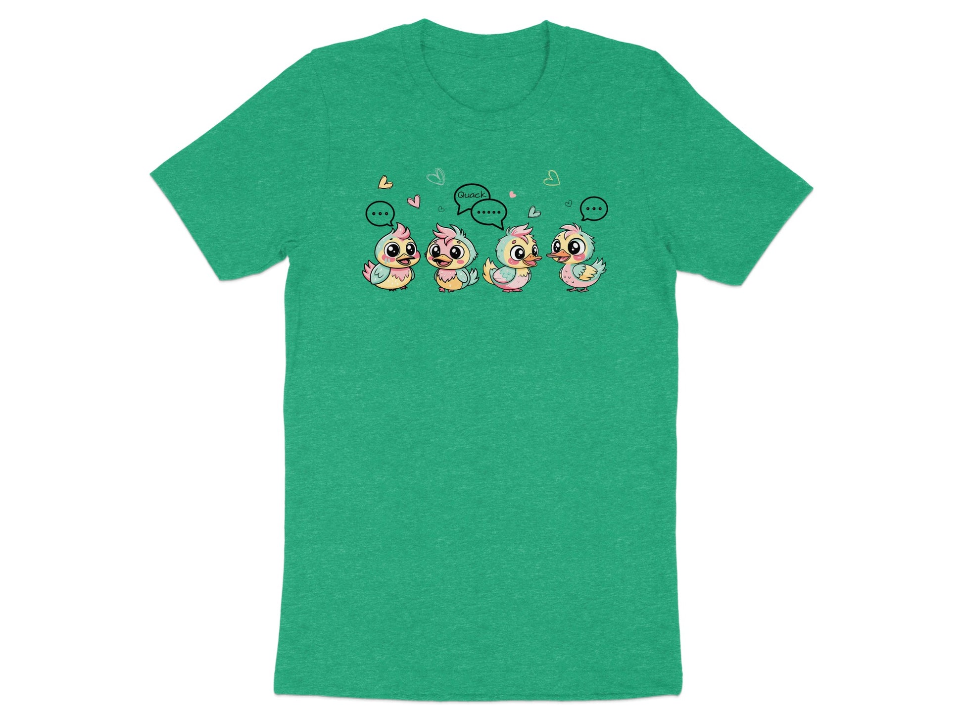 Four cartoon chicks with speech bubbles, one saying "Quack".