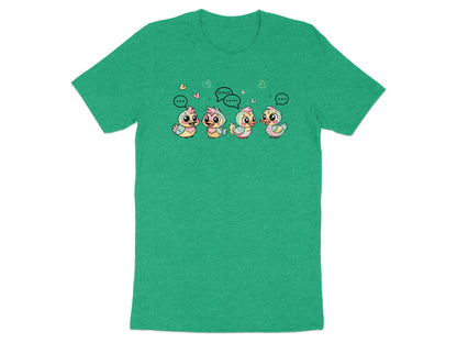 Four cartoon chicks with speech bubbles, one saying "Quack".
