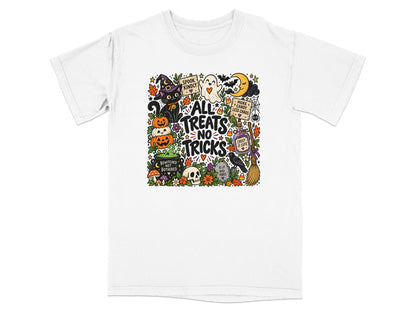 White t-shirt with a Halloween graphic featuring pumpkins, a black cat, ghost, skull, and text.
