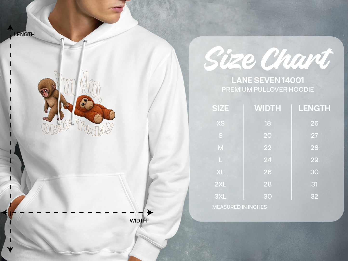 White hoodie with monkey and bear graphic and a size chart.
