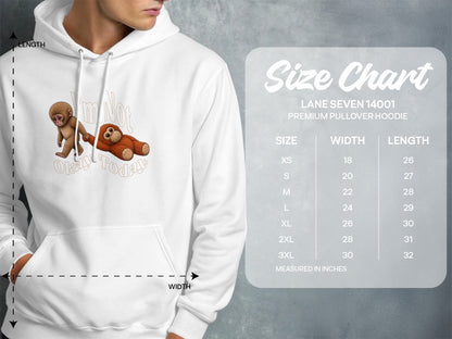 White hoodie with monkey and bear graphic and a size chart.