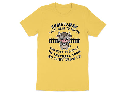 Yellow t-shirt with a grumpy cow holding coffee and text about throwing cow poop.