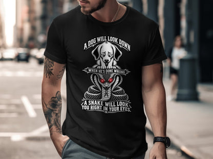 Black t-shirt with a graphic of a dog and a snake with text.