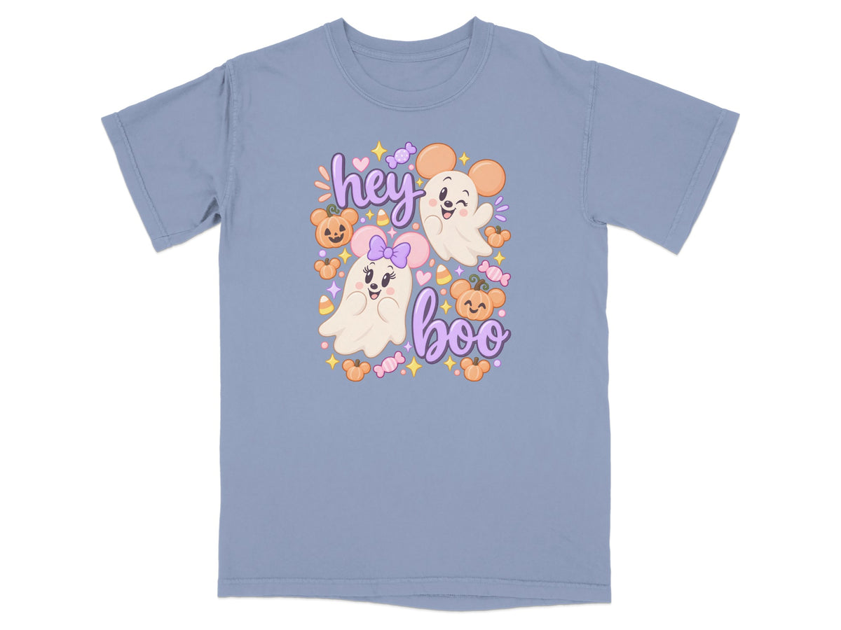 Shirt with two cute ghosts, pumpkins, candy, and text "hey boo".