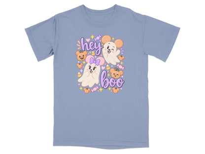 Shirt with two cute ghosts, pumpkins, candy, and text "hey boo".