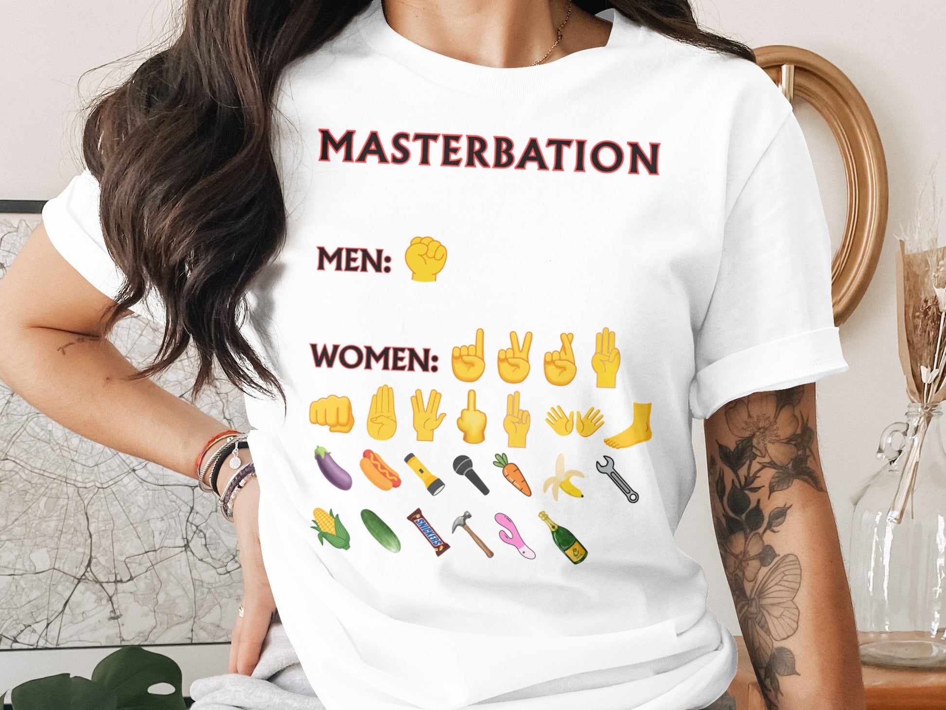 White t-shirt with "MASTERBATION" and emoji representations for men and women.