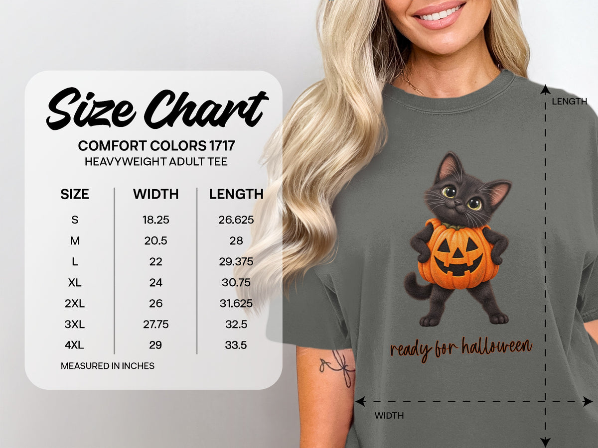 Comfort Colors 1717 size chart with a black cat graphic and "ready for halloween" text.