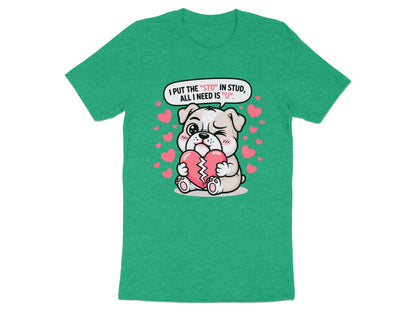 Green t-shirt with cartoon bulldog holding broken heart and text about "STD".
