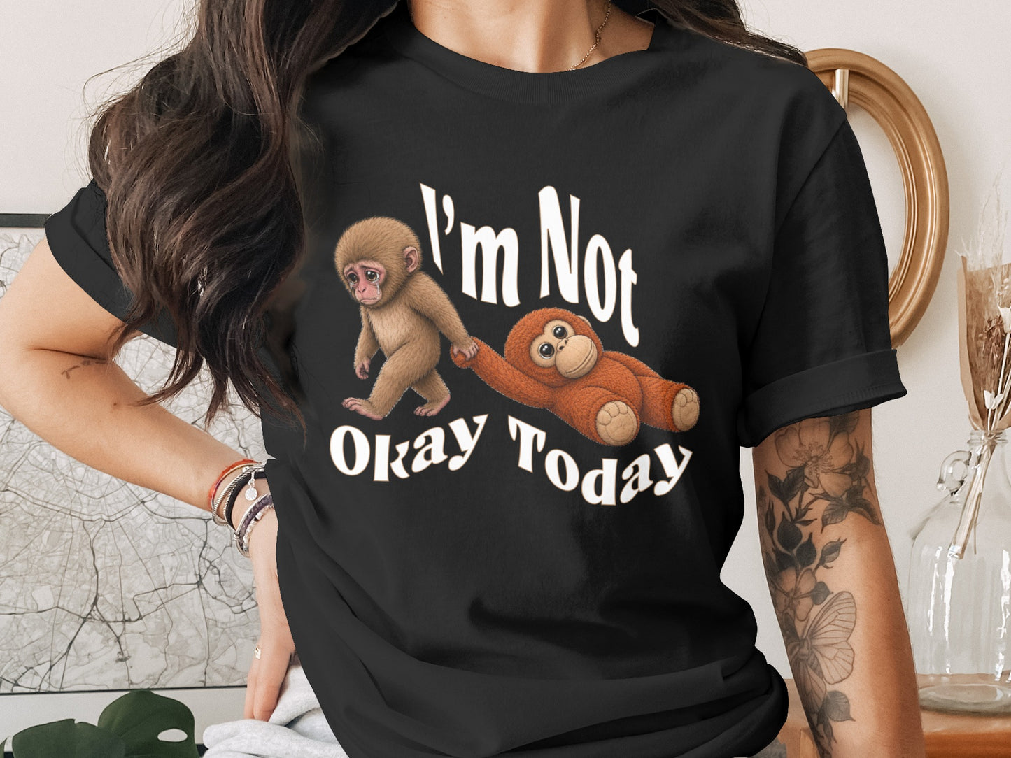 Black t-shirt with cartoon monkeys and "I'm Not Okay Today" text.