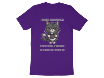 Purple t-shirt with a grumpy cat holding coffee. Text reads "I HATE MORNINGS ESPECIALLY WHEN THERES NO COFFEE".