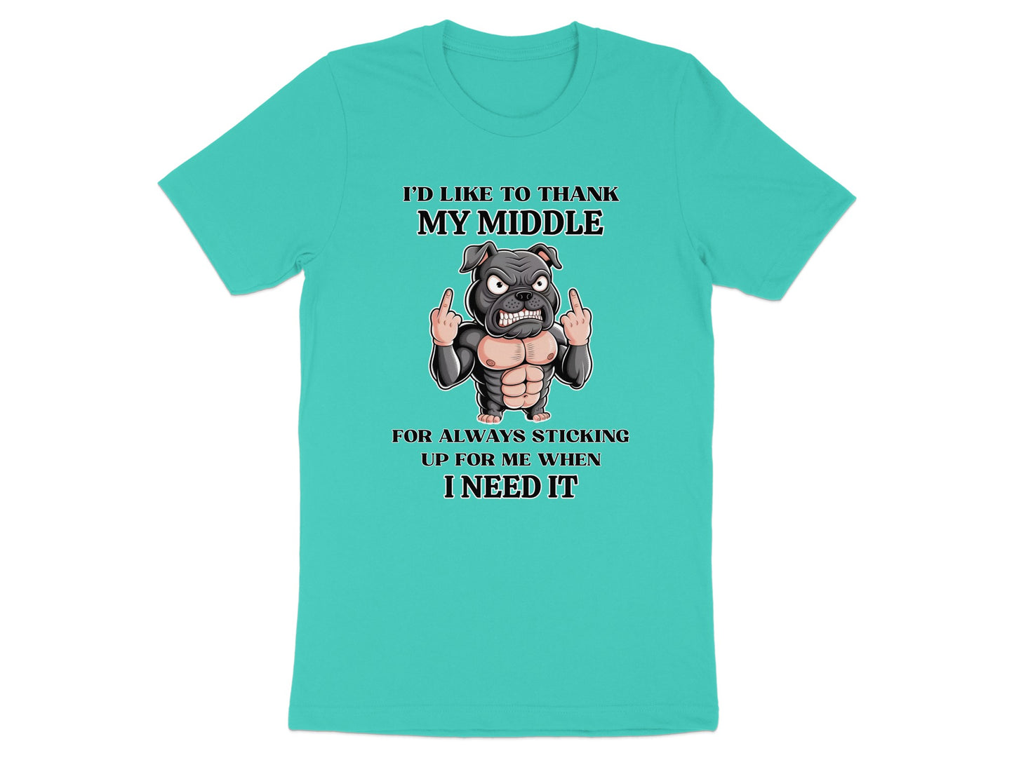 Teal t-shirt with cartoon dog giving the middle finger and text.