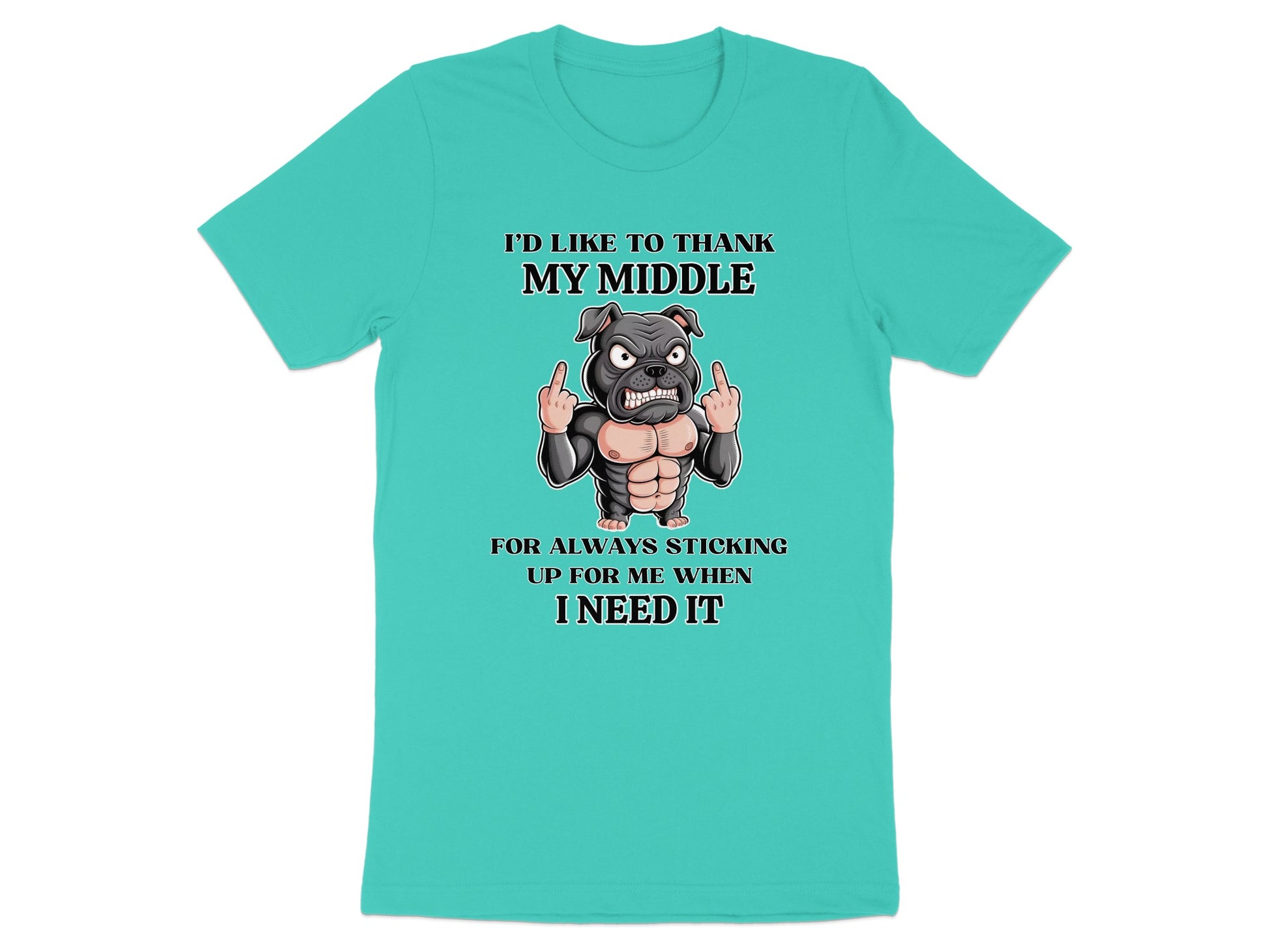 Teal t-shirt with cartoon dog giving the middle finger and text.