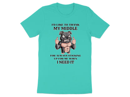 Teal t-shirt with cartoon dog giving the middle finger and text.