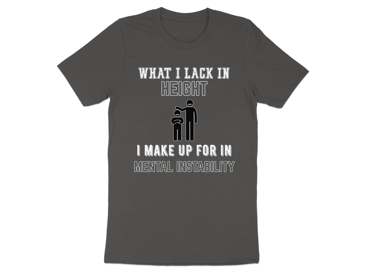 Dark grey t-shirt with white text and stick figure graphic.