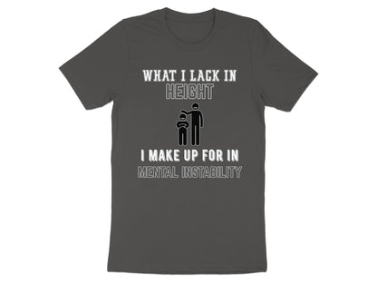 Dark grey t-shirt with white text and stick figure graphic.