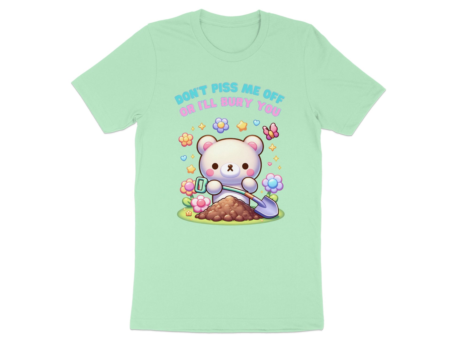 Cute white bear digging in dirt with shovel surrounded by flowers and text.