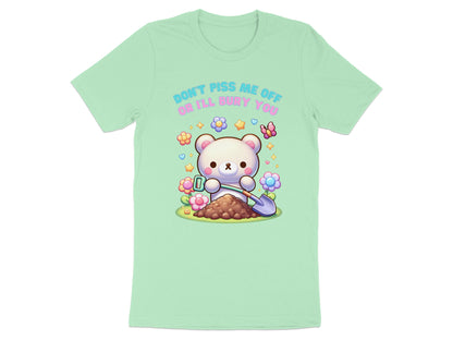 Cute white bear digging in dirt with shovel surrounded by flowers and text.