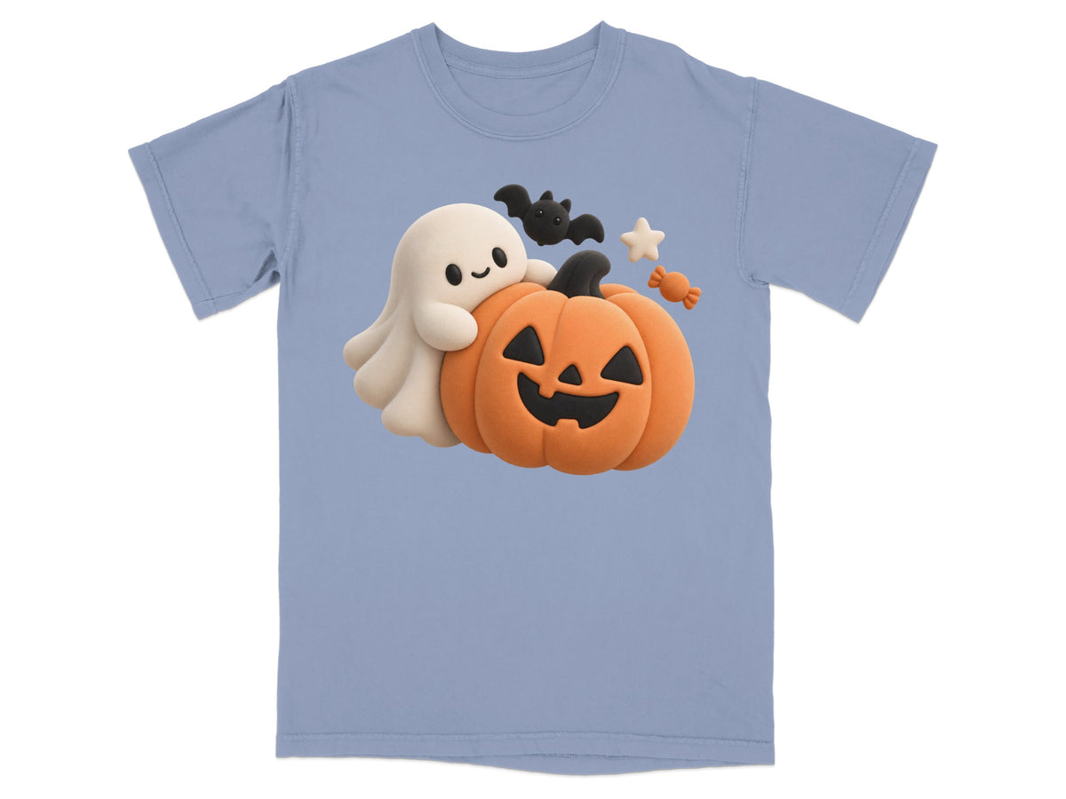 Blue t-shirt with a ghost, pumpkin, bat, and candy Halloween graphic.