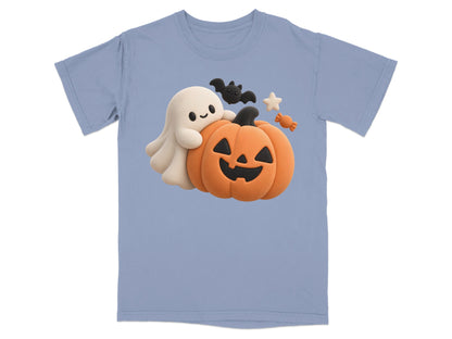 Blue t-shirt with a ghost, pumpkin, bat, and candy Halloween graphic.