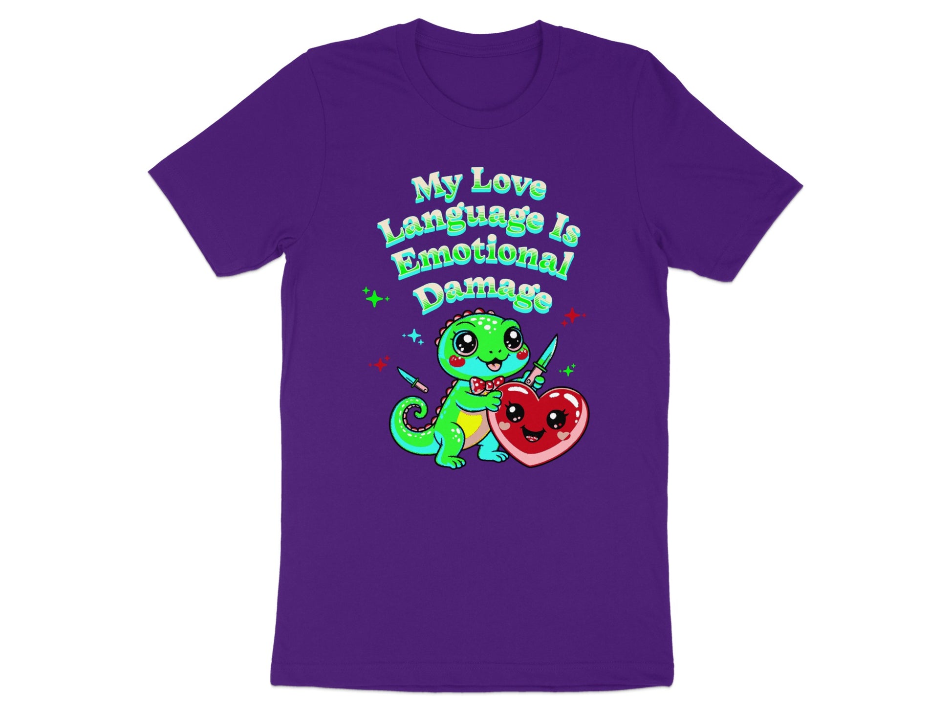 Purple t-shirt with a green cartoon dinosaur and text "My Love Language Is Emotional Damage".