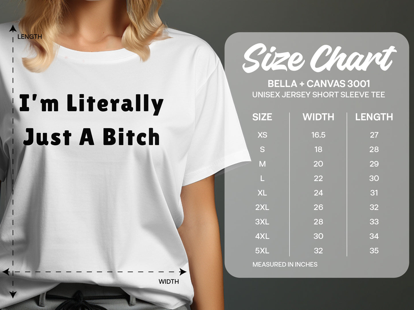 Size chart for Bella + Canvas 3001 unisex jersey tee with measurements.