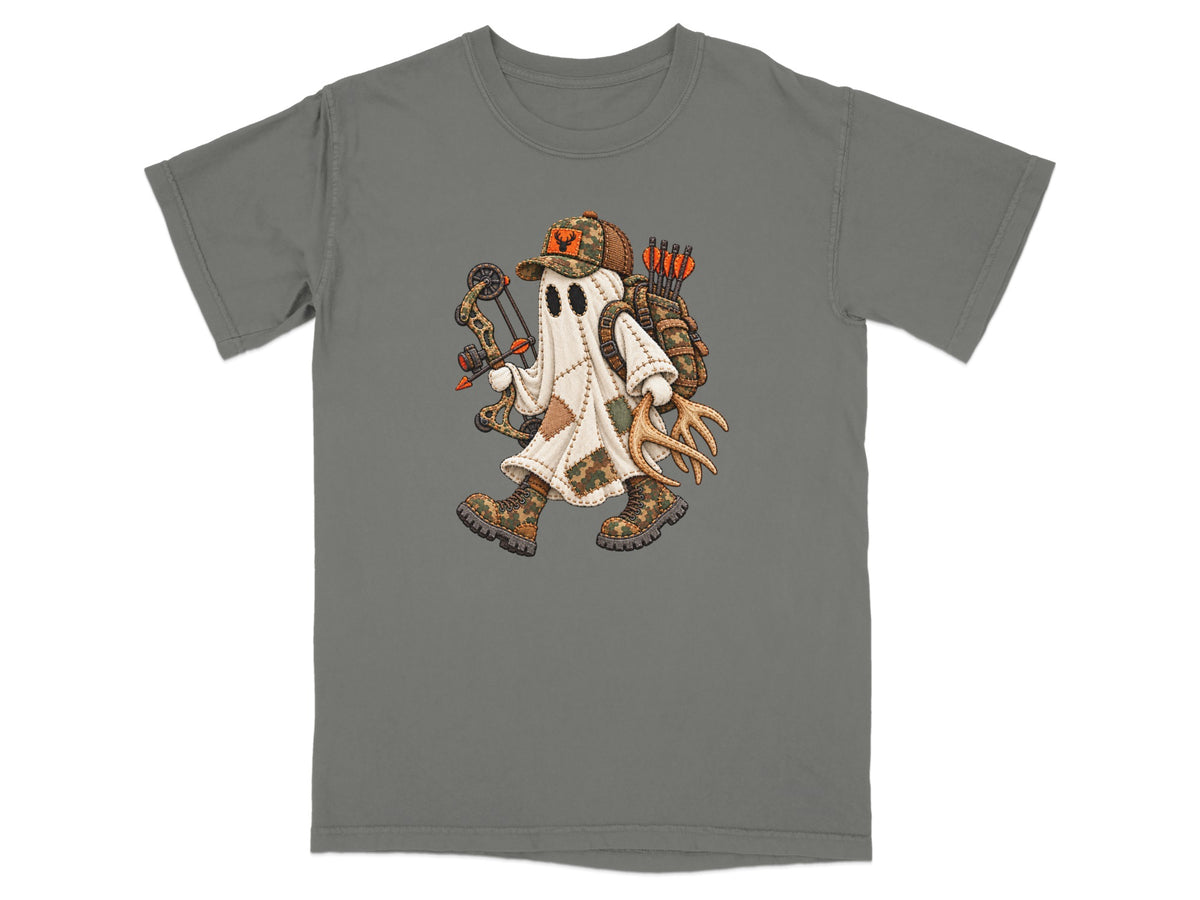 Ghost character in camouflage hat, boots, and backpack holding bow and arrows.