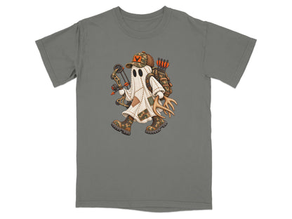 Ghost character in camouflage hat, boots, and backpack holding bow and arrows.