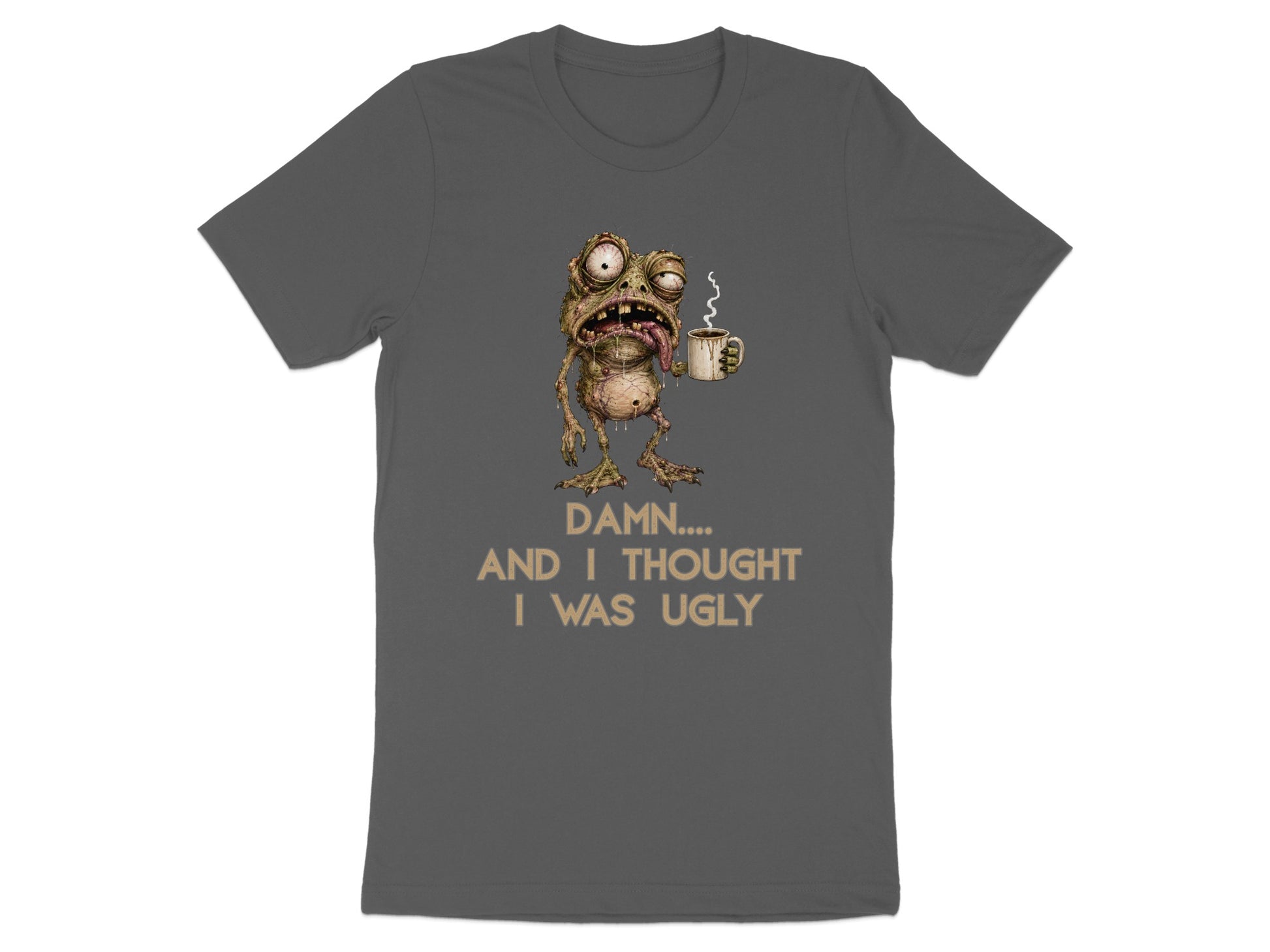Dark grey t-shirt with a cartoon monster holding a coffee mug and text.