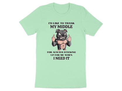 Light green t-shirt with text and a muscular bulldog giving the middle finger.