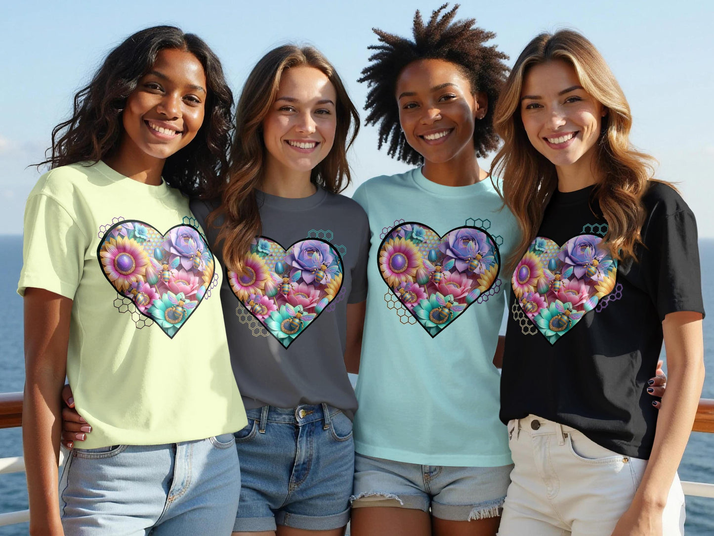 Floral Heart & Bee Graphic Tee: Nature Lover Gift