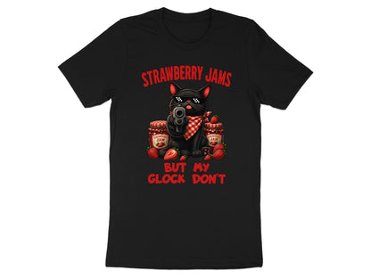 Black cat with sunglasses and bandana holds gun next to strawberry jam jars.