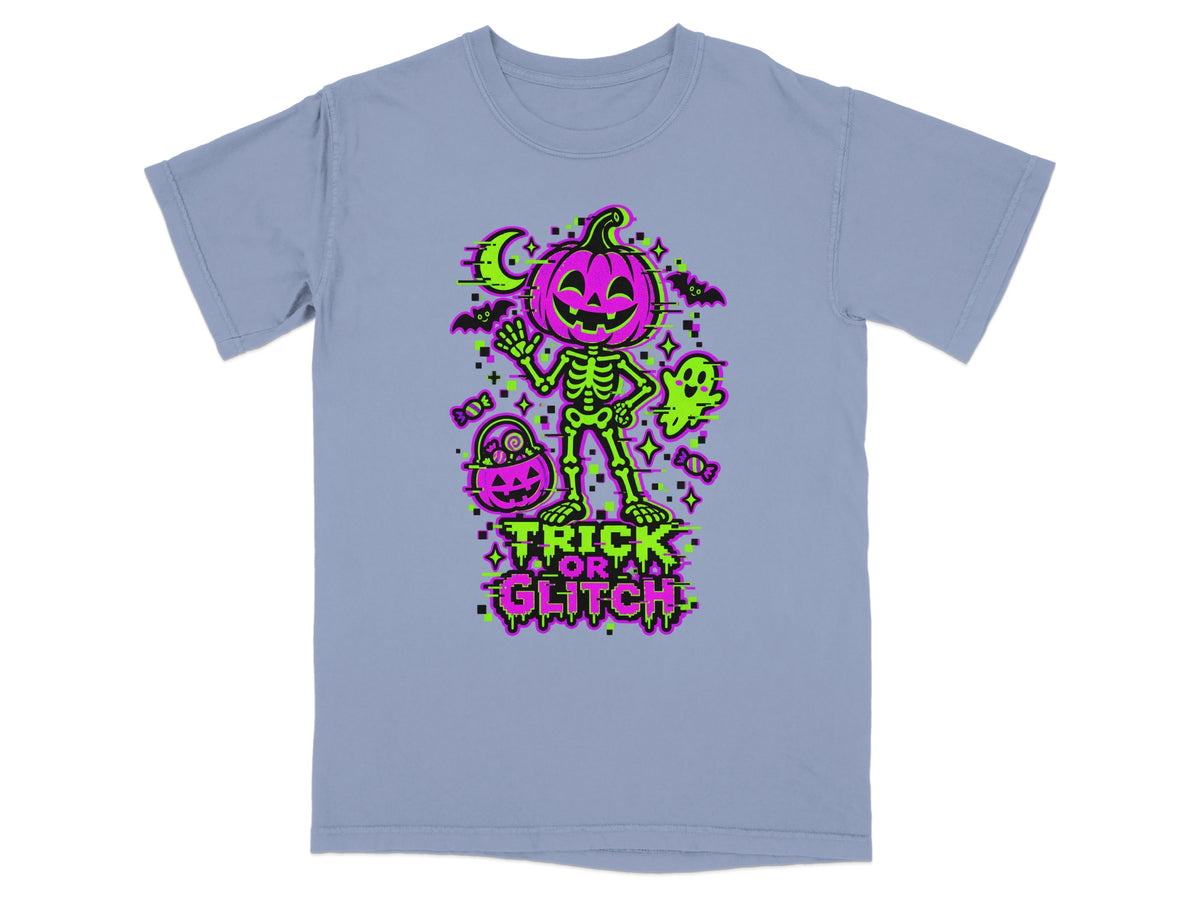 Skeleton with pumpkin head and "Trick or Glitch" text on a light blue t-shirt.