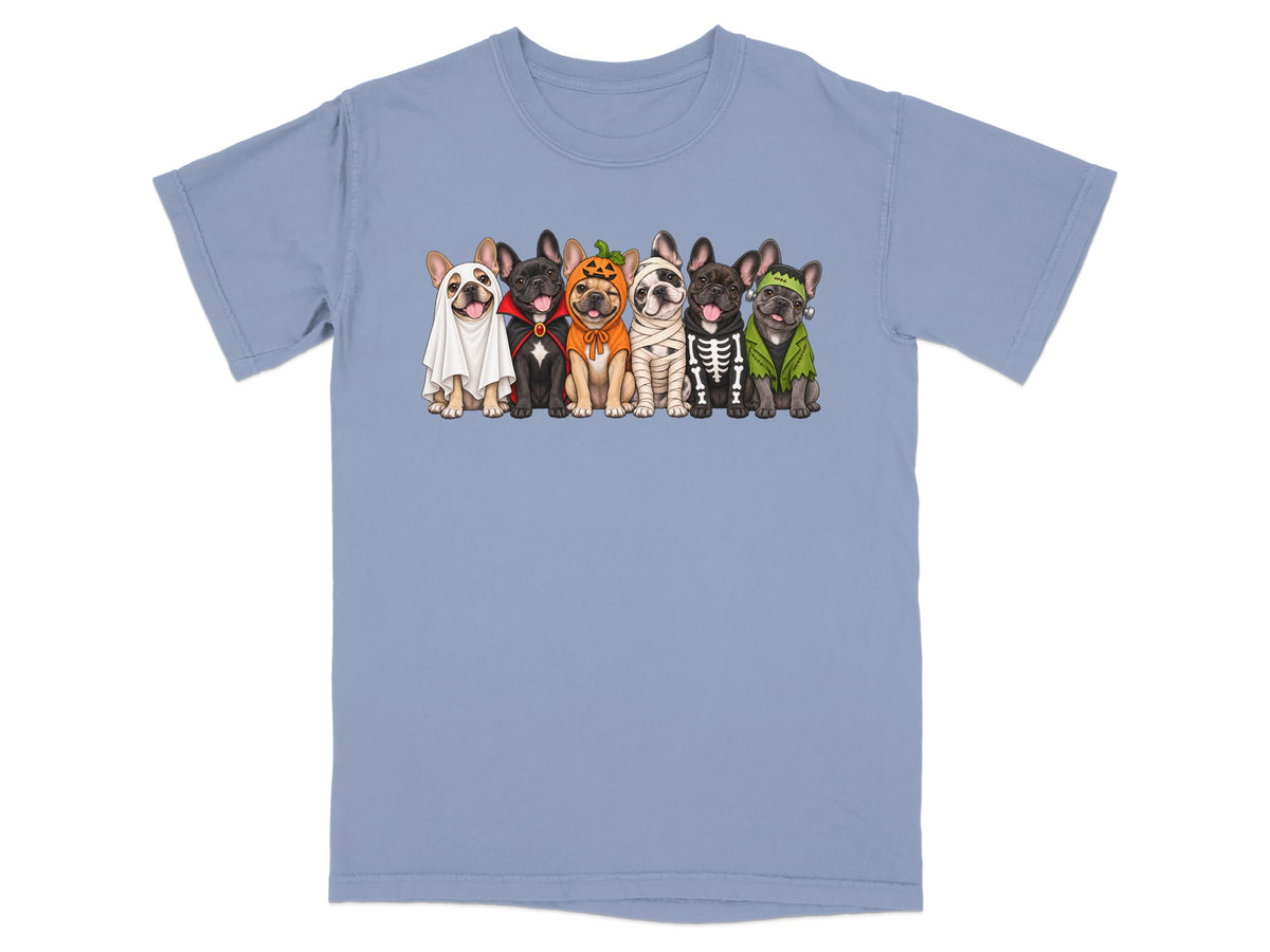Six French Bulldogs in Halloween costumes: ghost, vampire, pumpkin, mummy, skeleton, and Frankenstein.