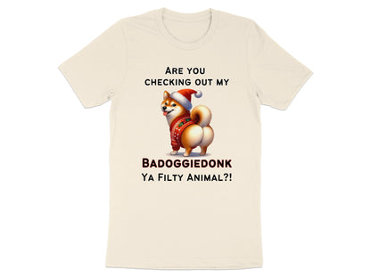 Cream t-shirt with a Shiba Inu wearing a Santa hat and holiday sweater.