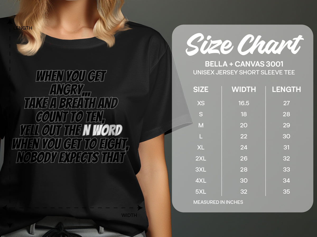 Black t-shirt with "When you get angry..." text and size chart for Bella + Canvas 3001 tee.