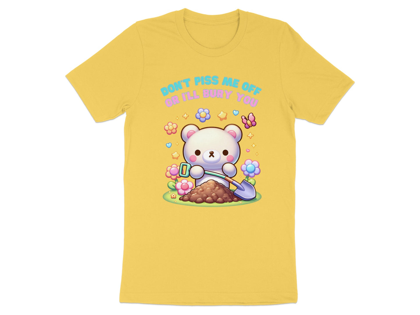 Yellow t-shirt with a white bear digging dirt, holding a shovel, and surrounded by flowers.
