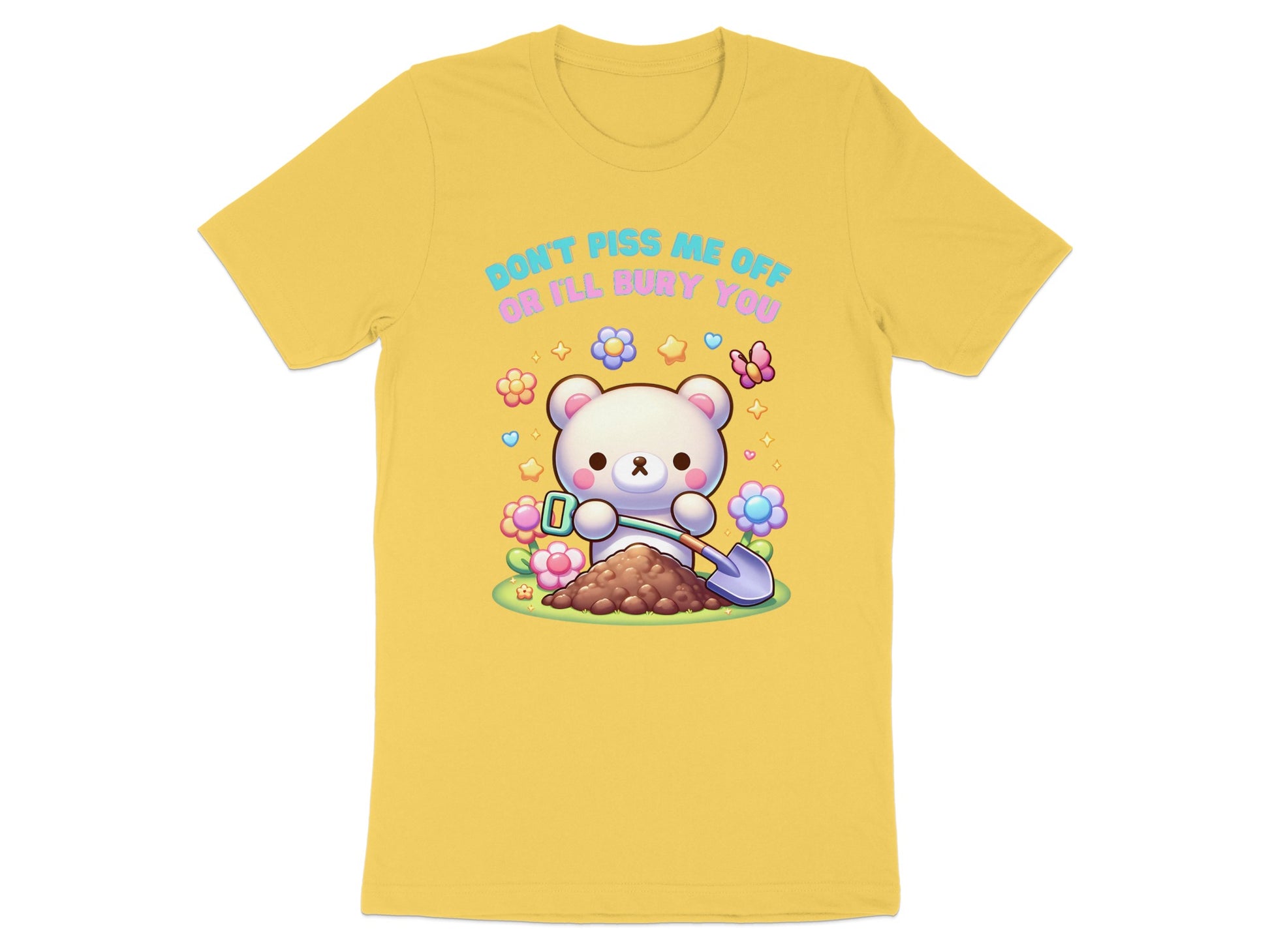 Yellow t-shirt with a white bear digging dirt, holding a shovel, and surrounded by flowers.