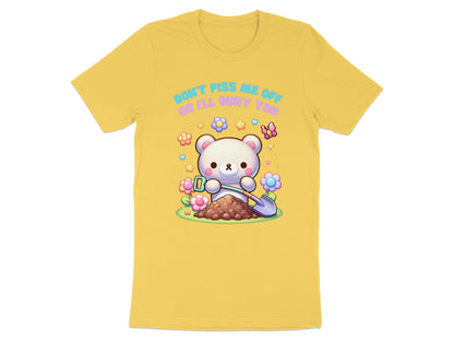 Yellow t-shirt with a white bear digging dirt, holding a shovel, and surrounded by flowers.