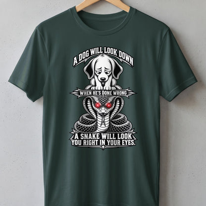Dark green t-shirt with a graphic of a sad dog, a cobra, and text.