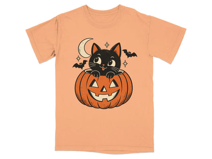 Black cat peeking from a jack-o'-lantern with bats and crescent moon.